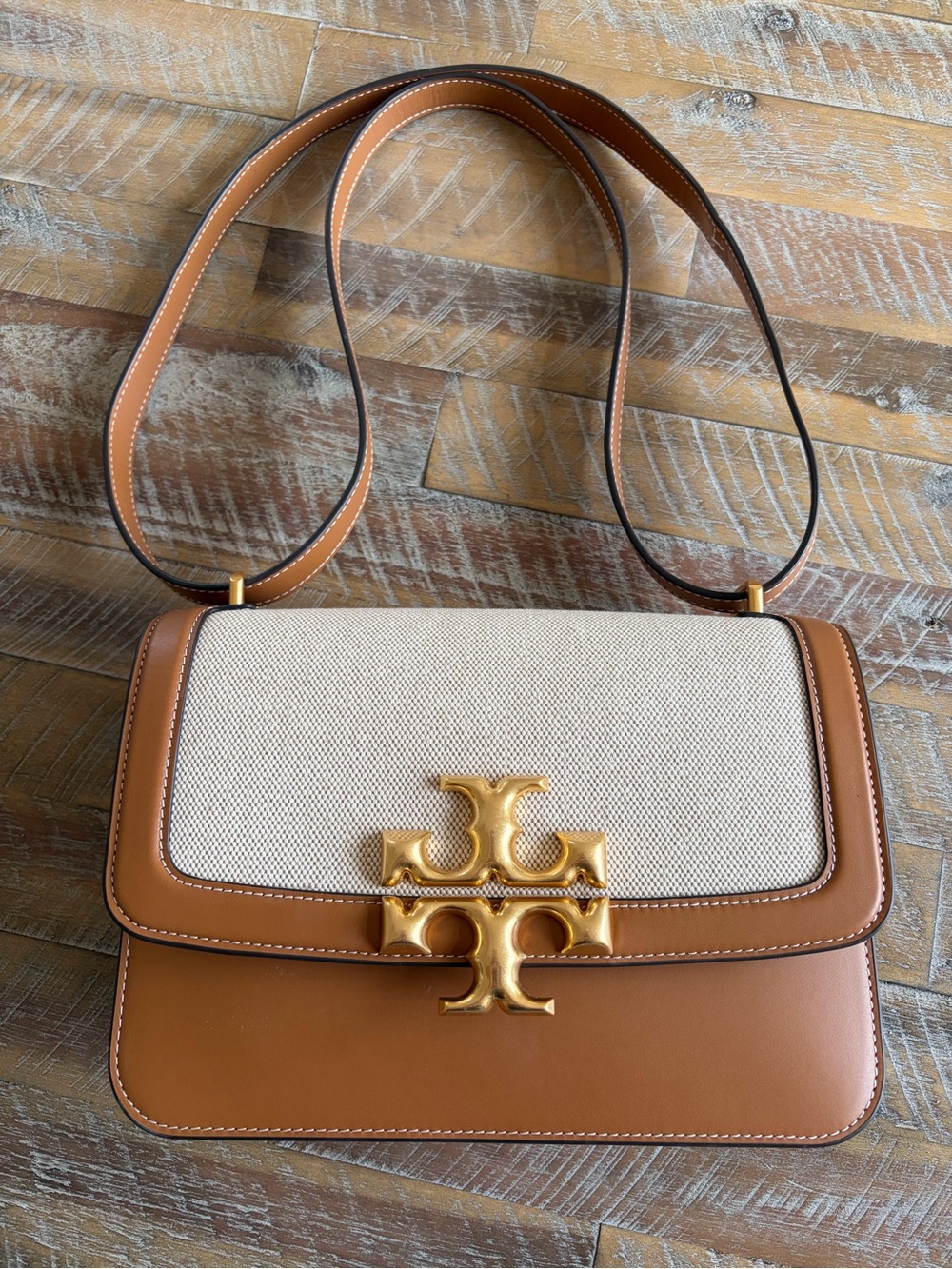 EUC Tory Burch Brown Leather and Cream Canvas Crossbody - Picture 3 of 4